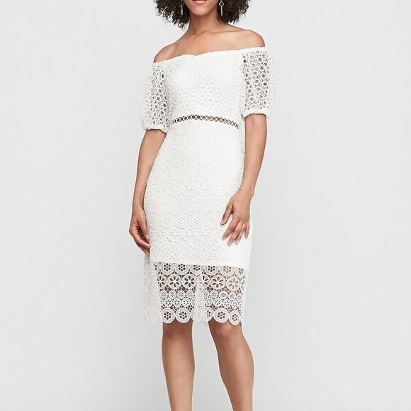 Express OFF THE SHOULDER CROCHET LACE MIDI DRESS - Picture 4 of 11